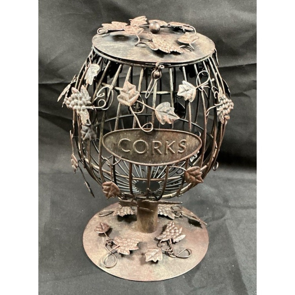 Large Wine Cork Holder Metal Cage, Leaves, Grapes Pedestal 10"